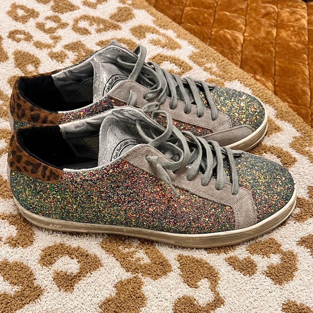 P448 Glitter Sneakers with Leopard Print Accent
